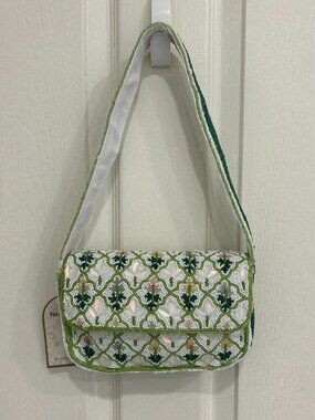 Made in India Green & White Garden Trellis Beaded Sequin Floral Bag New Release